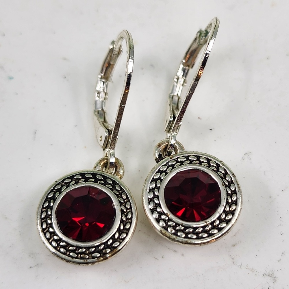 Napier Silver Tone Red Crystal Round Leverback Dangle Drop Earrings Gothic Glam